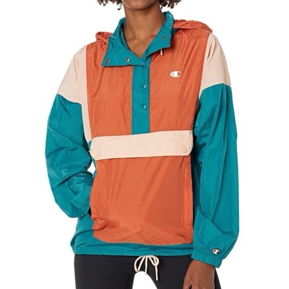 Champion Women's Windbreaker Pullover Hoodie Jacket in Teal Orange Size XS